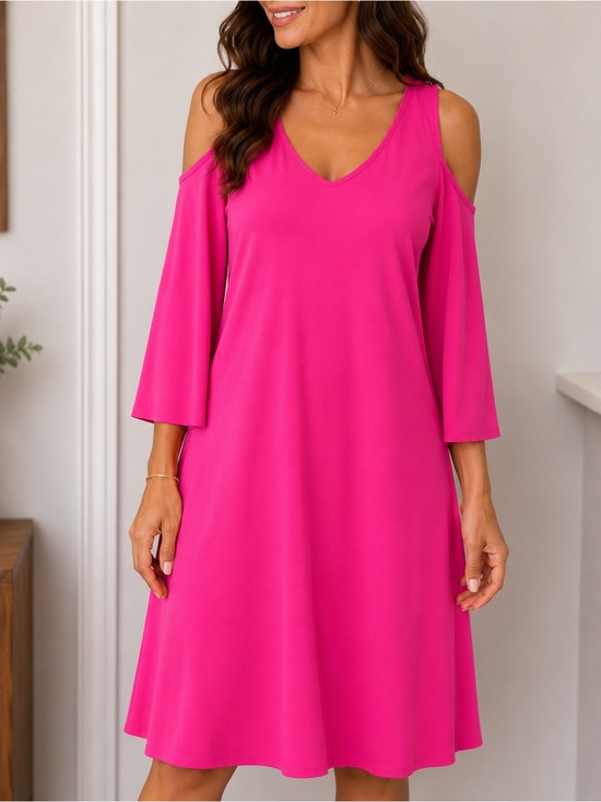 Ivy Road Dresses & Skirts - Bright Pink Cold-Shoulder V-Neck Midi Dress